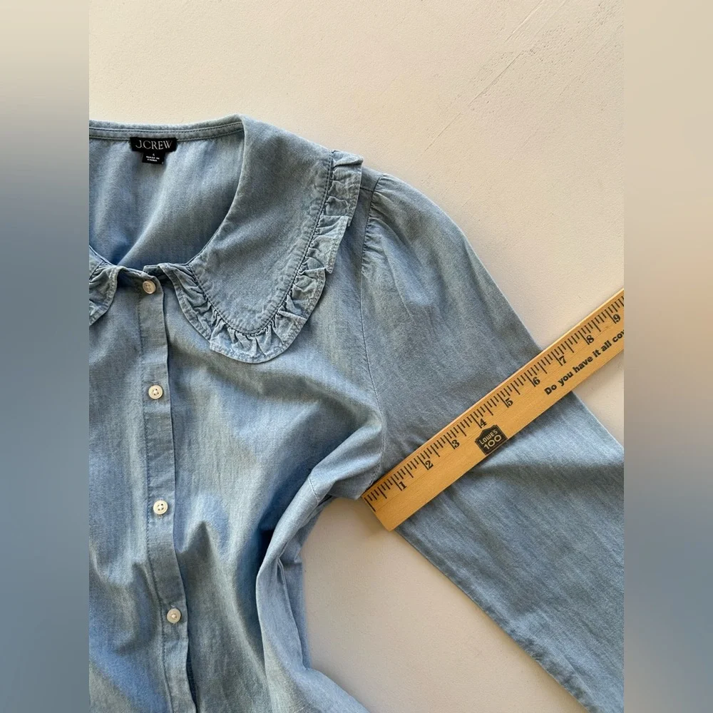 J Crew Blue Chambray Shirt Ruffle Peter Pan Collar Long Sleeve Women's Size 4 - Picture 7 of 15